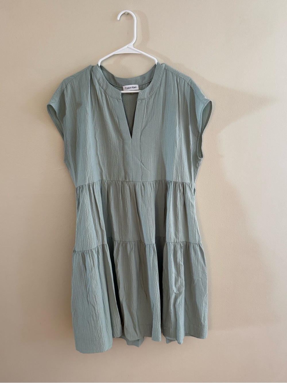 Calvin Klein Sage Green Tiered Short-Sleeve Dress